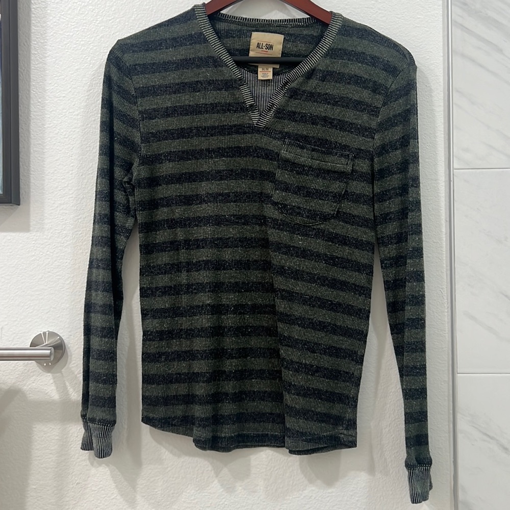All-Son Green & Black striped Henley shirt